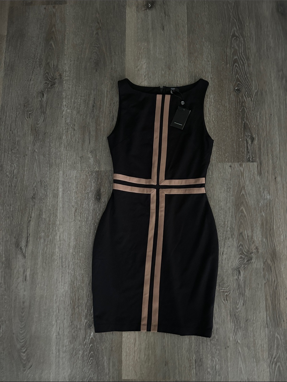 Tart Black Sheath Dress with Taupe Stripe Detail